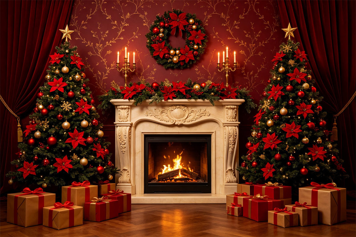 Weihnachtliche Bühnenhintergründe Eleganter Kamin Mit Rotem Vorhang Weihnachtskulisse Für Partys CSH69-83