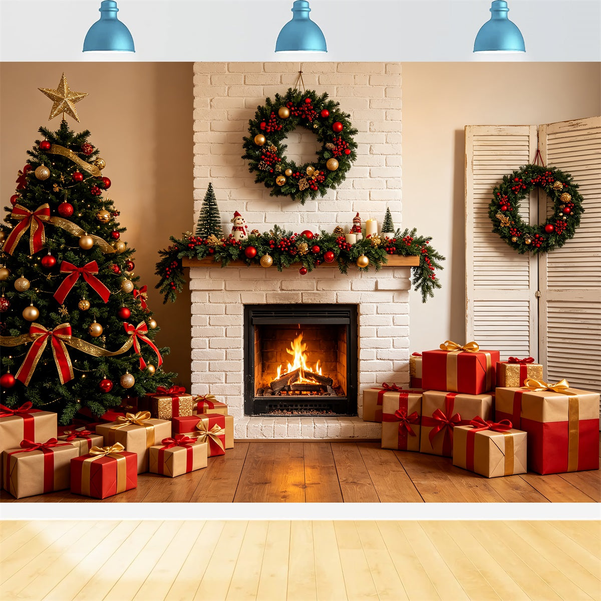 Weihnachtskamin-Hintergrund Kaminverzierung Aus Weißen Ziegelsteinen Weihnachts-Fotografie-Hintergrund CSH69-84