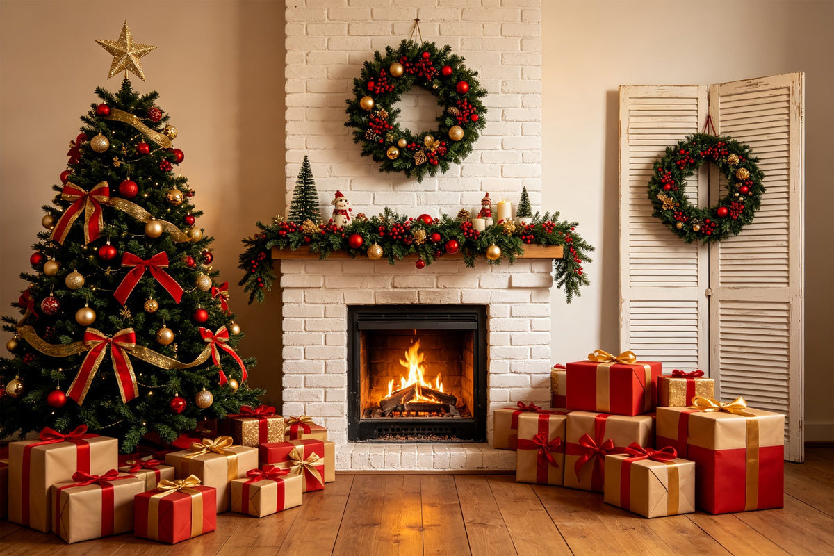 Weihnachtskamin-Hintergrund Kaminverzierung Aus Weißen Ziegelsteinen Weihnachts-Fotografie-Hintergrund CSH69-84