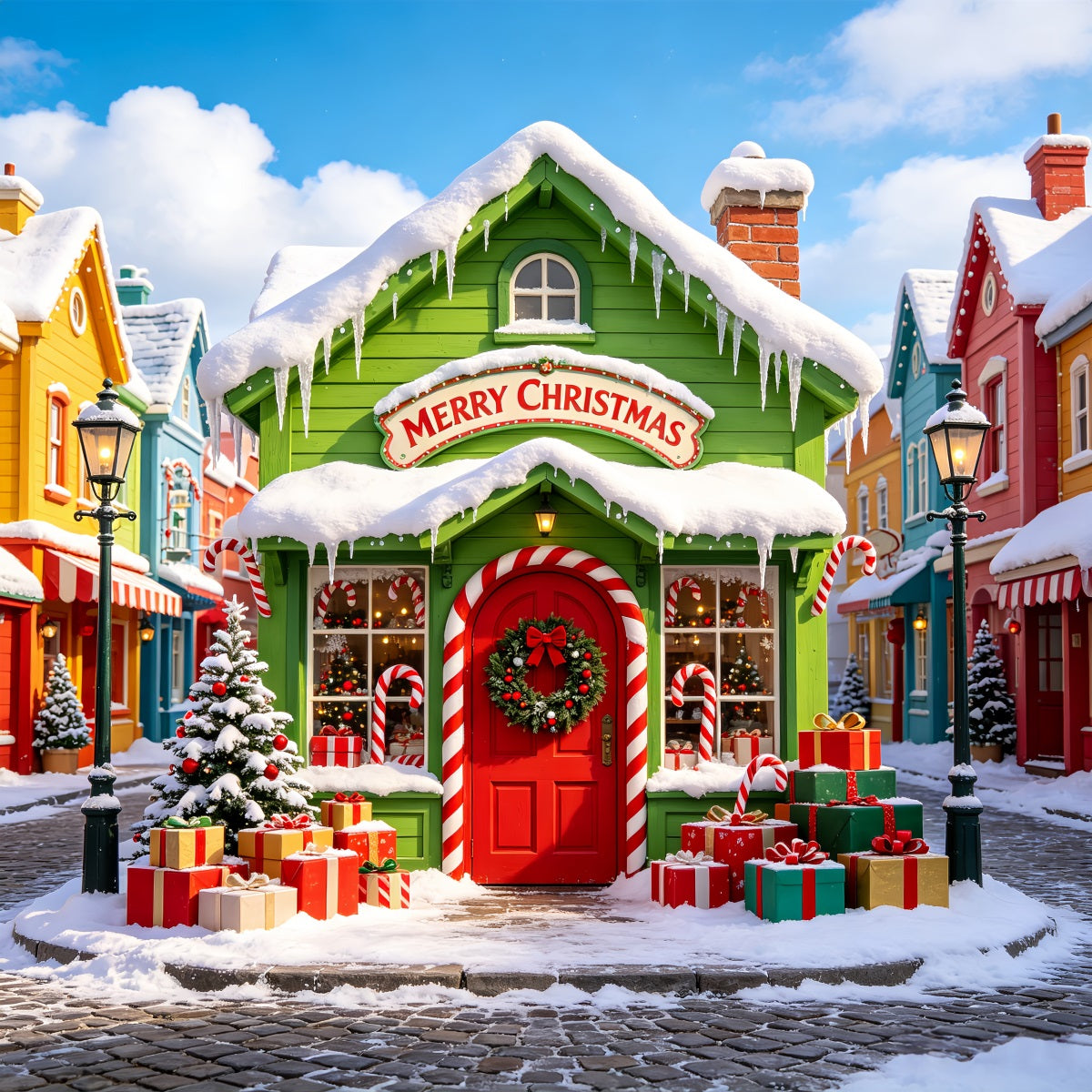 Weihnachtsdorf-Hintergründe Schneefarbenes Straßenhaus Weihnachtshintergrund CSH69-86