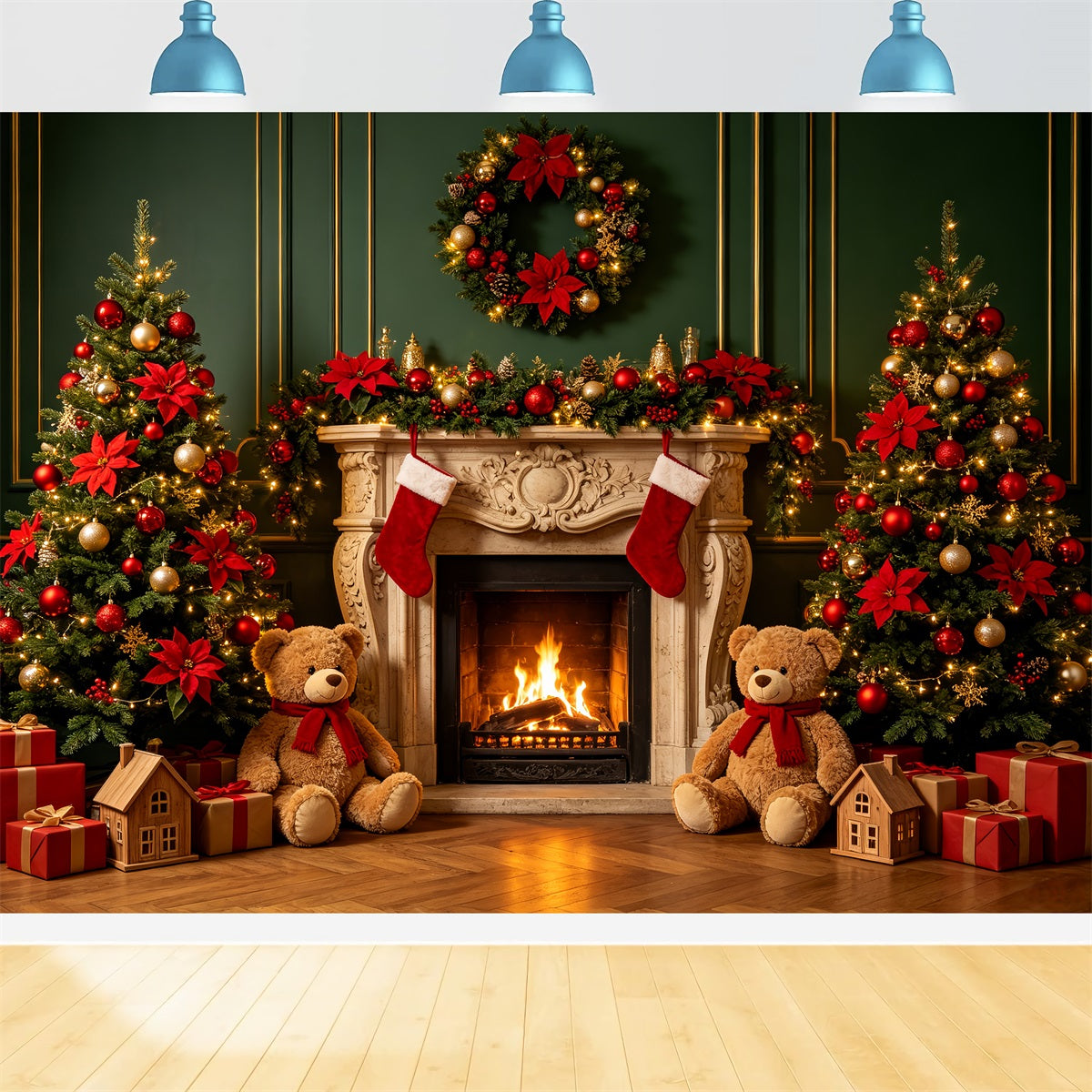 Weihnachtskamin-Hintergrund Kamindekoration Mit Teddybär Weihnachts-Porträt-Hintergrund CSH69-89