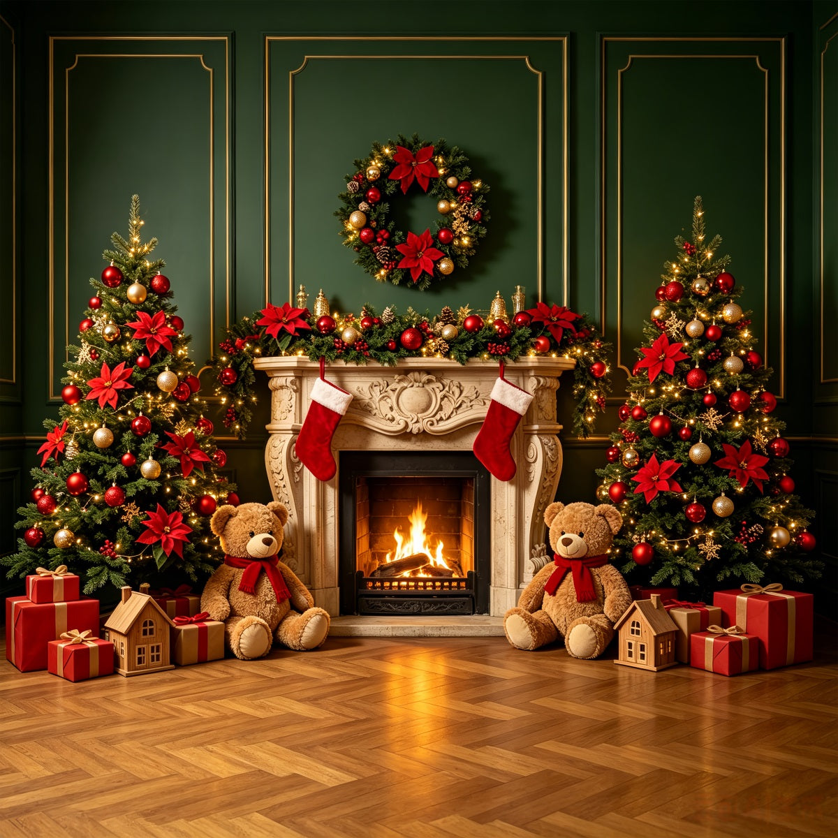 Weihnachtskamin-Hintergrund Kamindekoration Mit Teddybär Weihnachts-Porträt-Hintergrund CSH69-89
