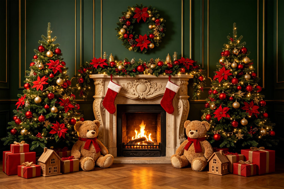 Weihnachtskamin-Hintergrund Kamindekoration Mit Teddybär Weihnachts-Porträt-Hintergrund CSH69-89