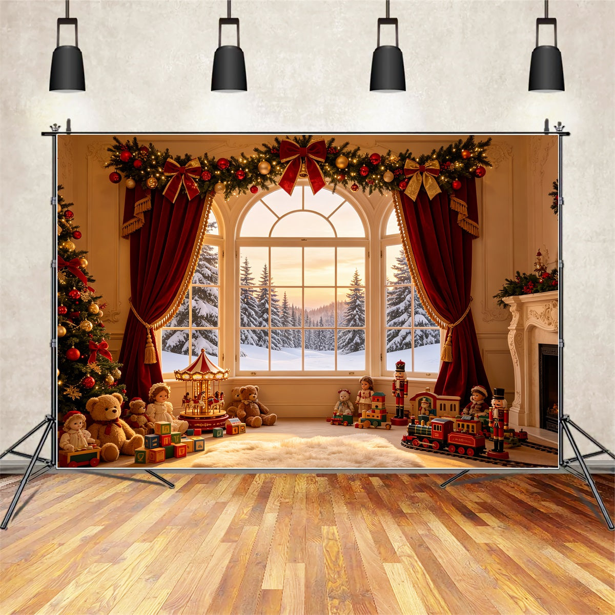 Weihnachtsfenster-Hintergrund Vintage Spielzeug-Vorhangdisplay Weihnachtskulisse Für Den Innenbereich CSH69-9