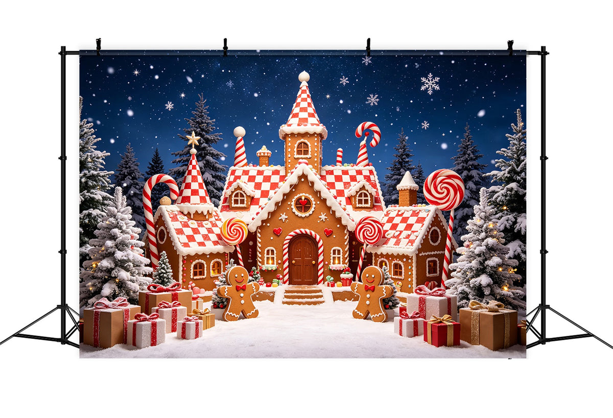 Lebkuchenhaus-Kulisse Süßigkeitenschloss Im Verschneiten Wald Fotohintergrund Aus Lebkuchen CSH69-90