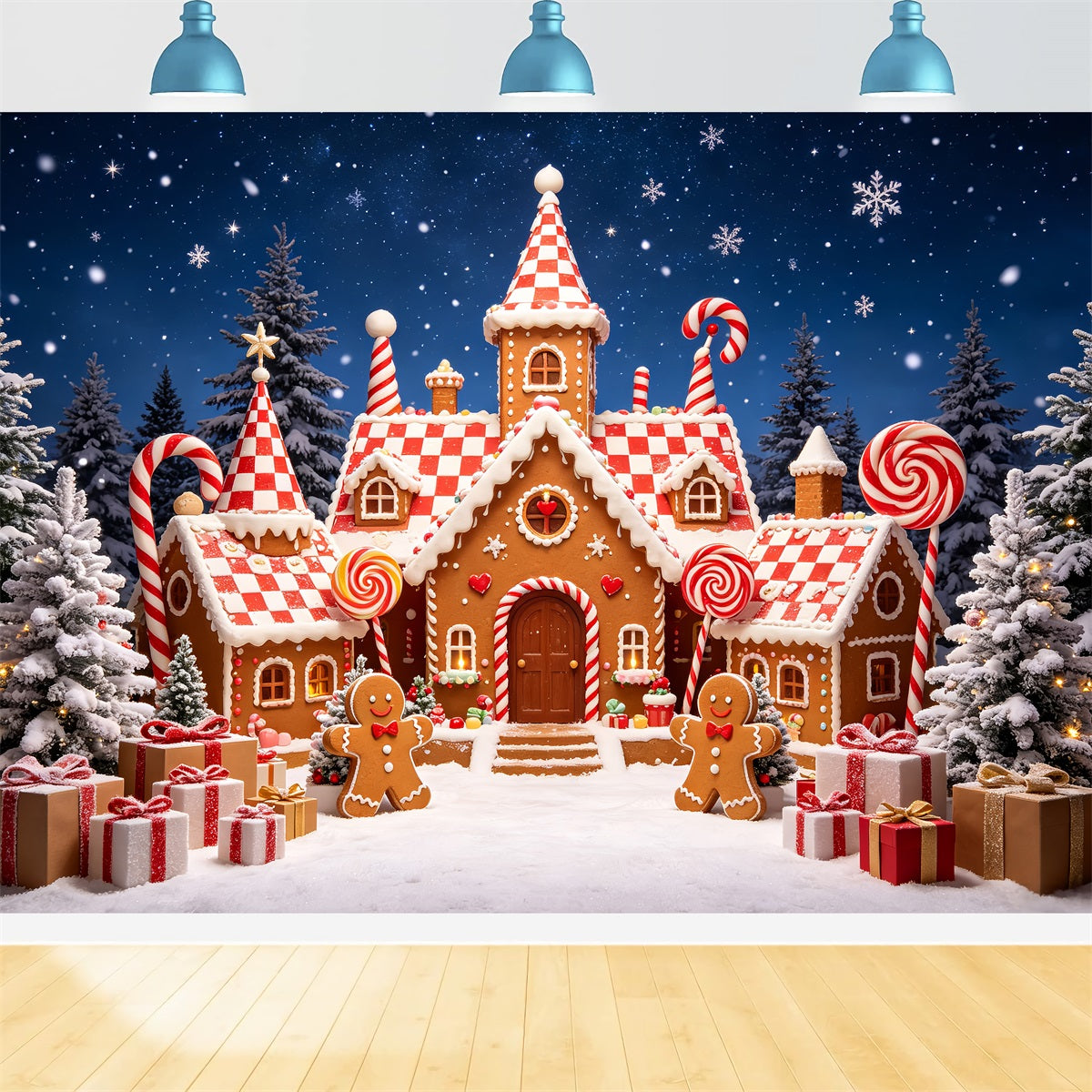 Lebkuchenhaus-Kulisse Süßigkeitenschloss Im Verschneiten Wald Fotohintergrund Aus Lebkuchen CSH69-90