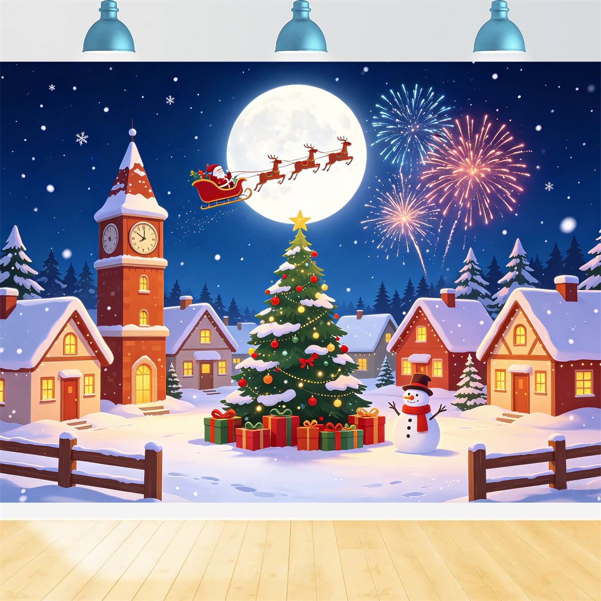 Kulisse Für Das Weihnachtsdorf Schneemond-Feuerwerk Weihnachtsbeleuchtung-Hintergrund CSH69-92