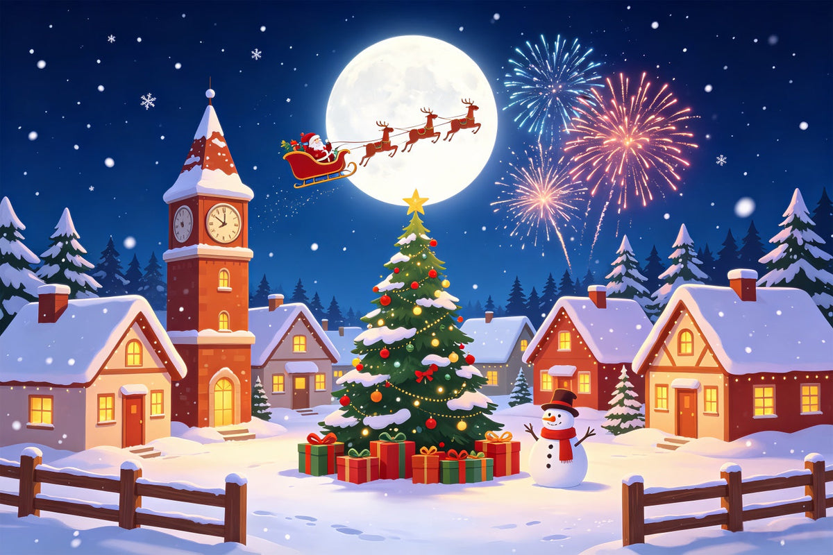 Kulisse Für Das Weihnachtsdorf Schneemond-Feuerwerk Weihnachtsbeleuchtung-Hintergrund CSH69-92