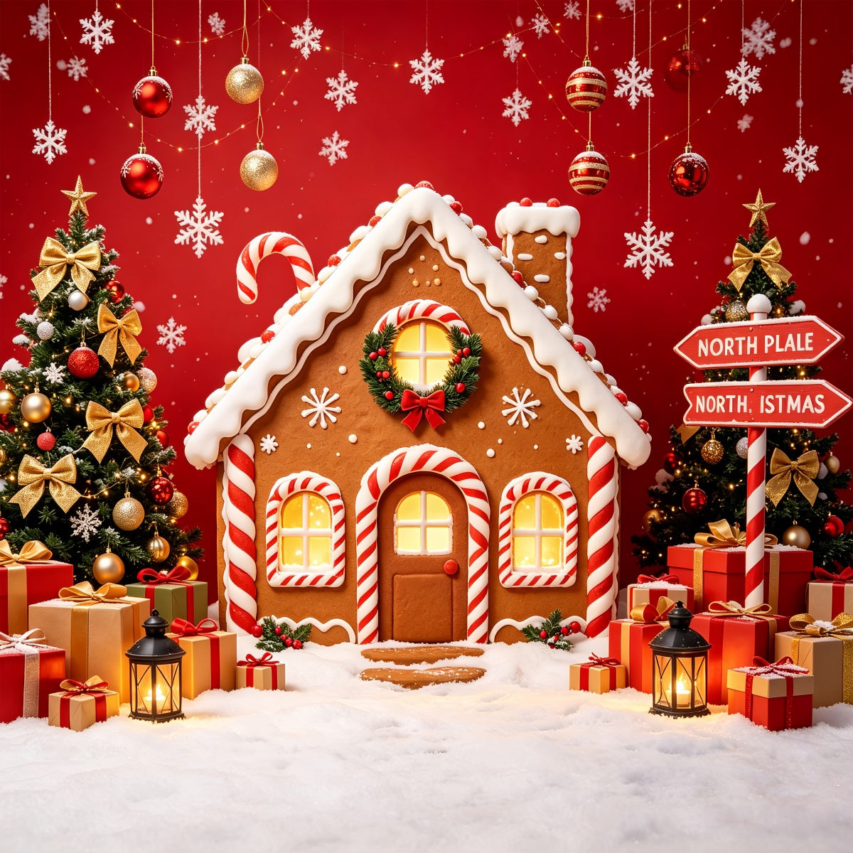 Fotohintergrund Nordpol Lebkuchenhaus-Geschenkdisplay Nordpol-Hintergrund CSH69-95