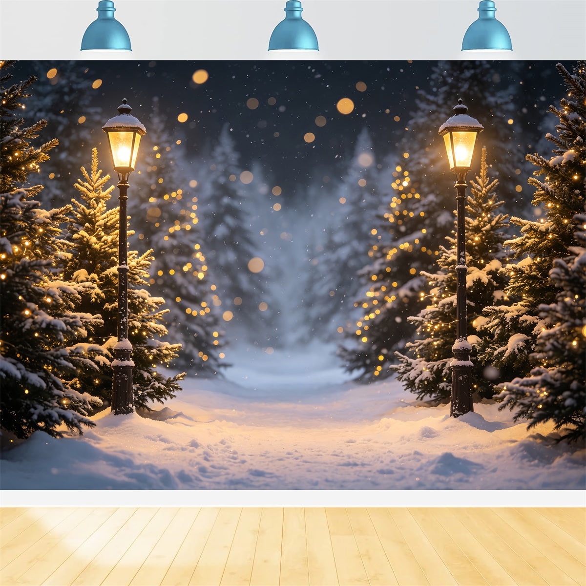 Hochauflösender Weihnachtsfotohintergrund Schneelaternenwaldpfad Weihnachtskulisse Im Freien CSH69-96