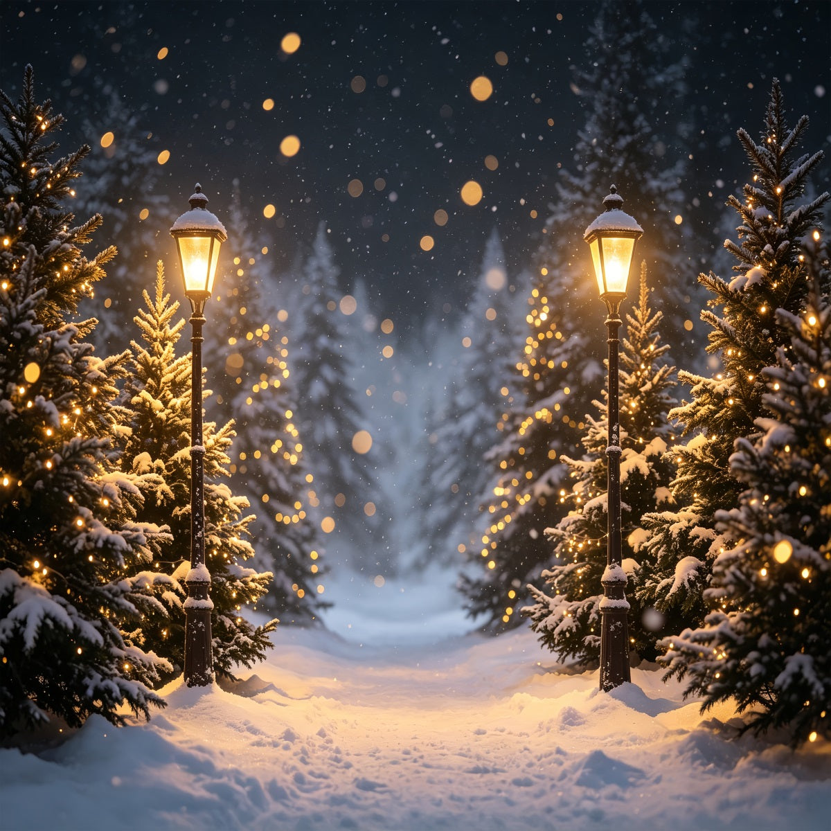 Hochauflösender Weihnachtsfotohintergrund Schneelaternenwaldpfad Weihnachtskulisse Im Freien CSH69-96