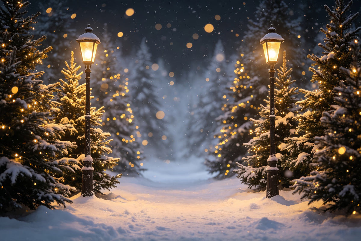 Hochauflösender Weihnachtsfotohintergrund Schneelaternenwaldpfad Weihnachtskulisse Im Freien CSH69-96