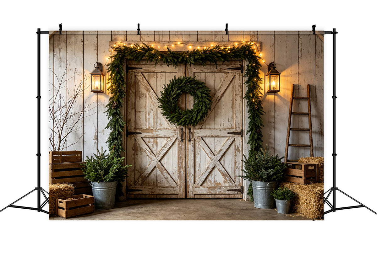 Western-Weihnachtskulisse Rustikaler Weißer Scheunenkranz Weihnachtliche Außenkulisse CSH69-97