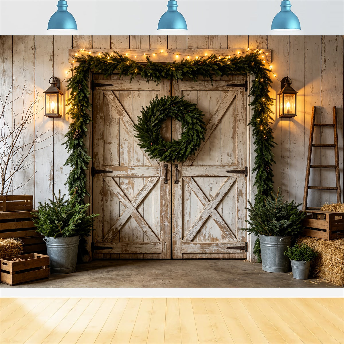 Western-Weihnachtskulisse Rustikaler Weißer Scheunenkranz Weihnachtliche Außenkulisse CSH69-97