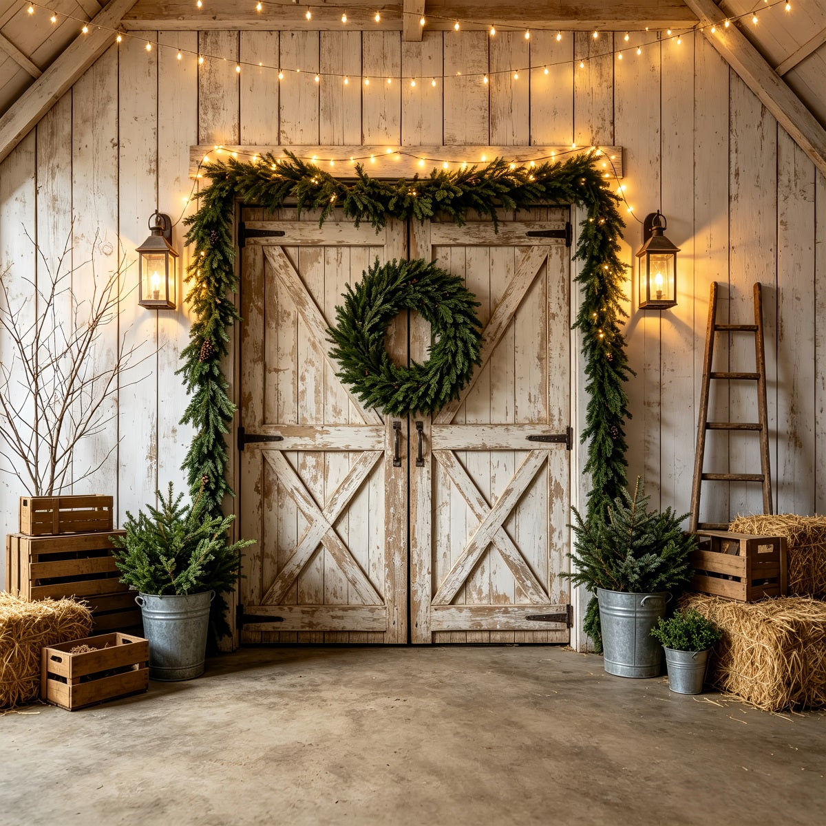 Western-Weihnachtskulisse Rustikaler Weißer Scheunenkranz Weihnachtliche Außenkulisse CSH69-97