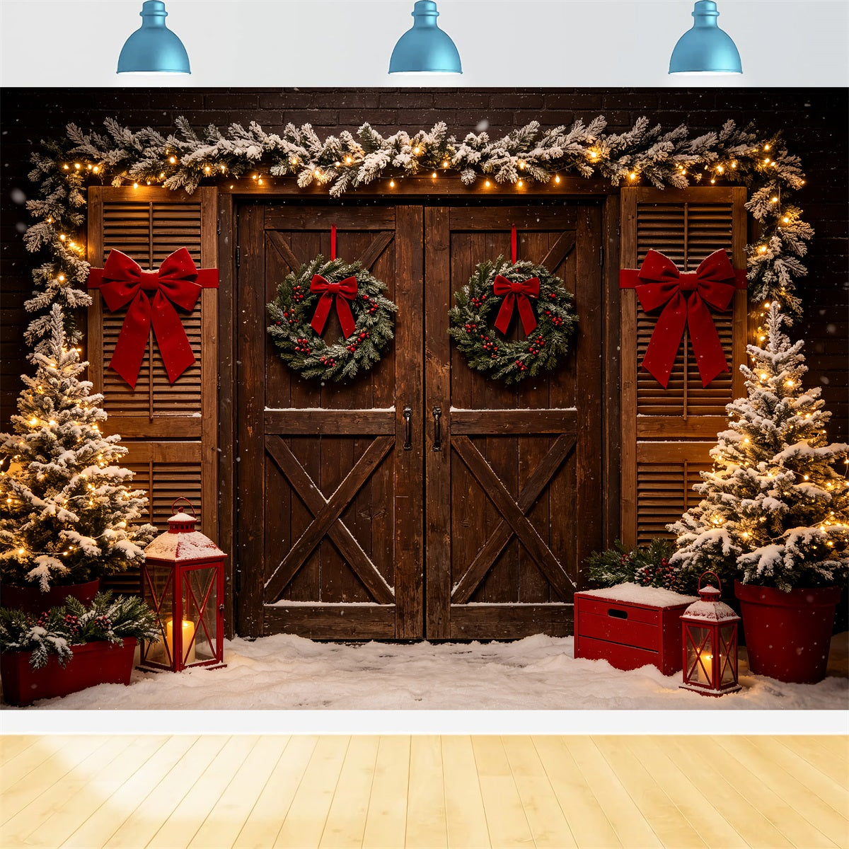 Western-Weihnachtskulisse Rustikaler Doppeltürkranz Weihnachtliche Außenkulisse CSH69-99