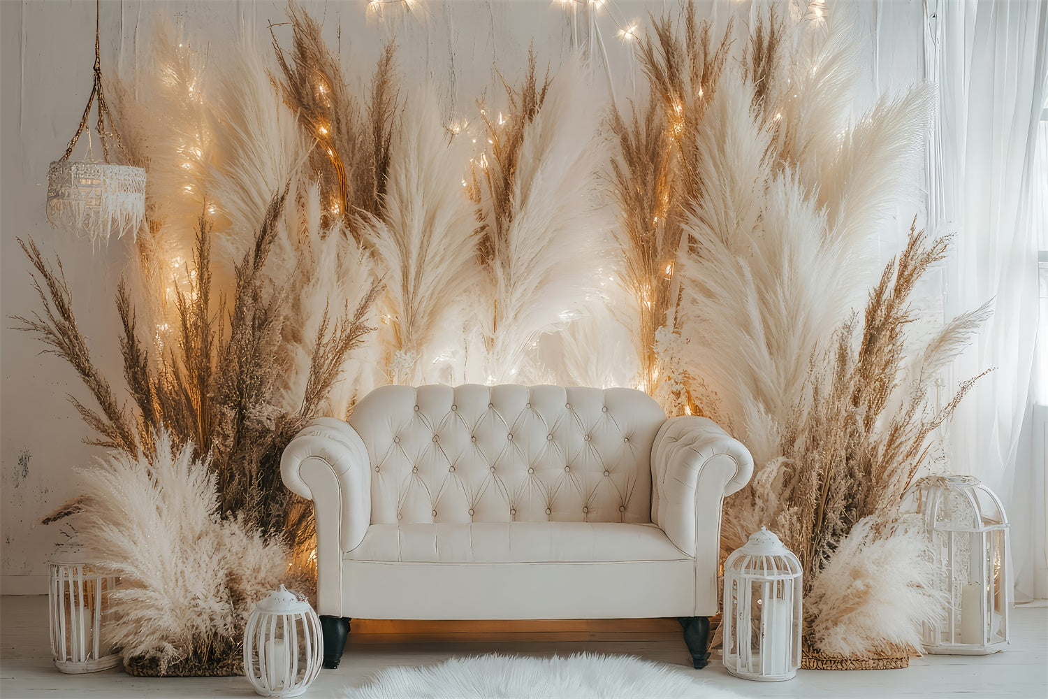 Boho Backdrops Weißes Sofa Pampas Lichter Hintergrund GQ2-79