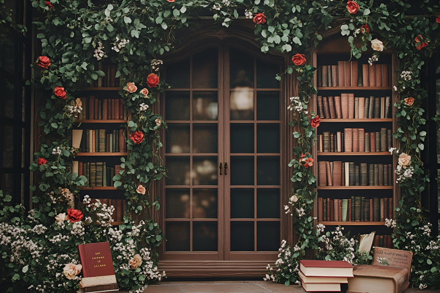 Back To School Backdrop Ideen Floral Vintage Bücherregal Fenster Backdrop GQ3-115