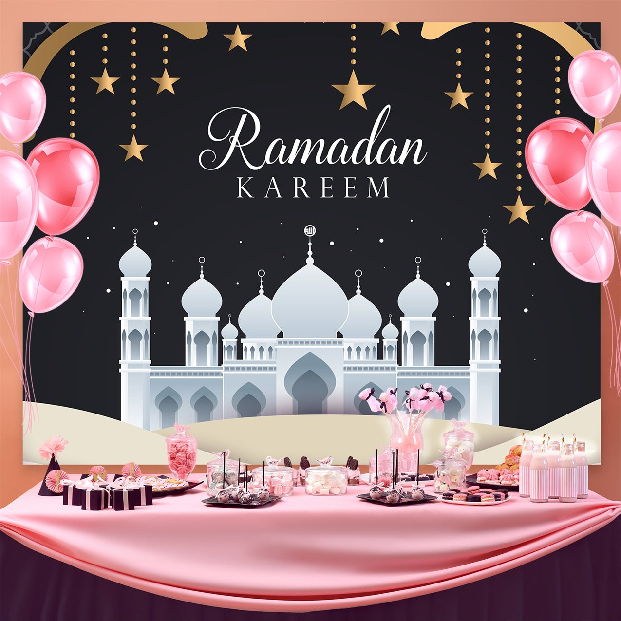 Ramadan Mubarak Backdrop Weiße Moschee Nacht Backdrop GQ3-40