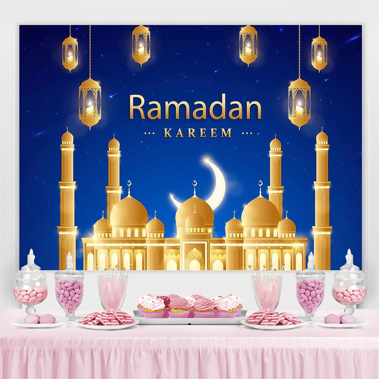 Ramadan Backdrops Majestätische Goldene Moschee Laternen Backdrop GQ3-42