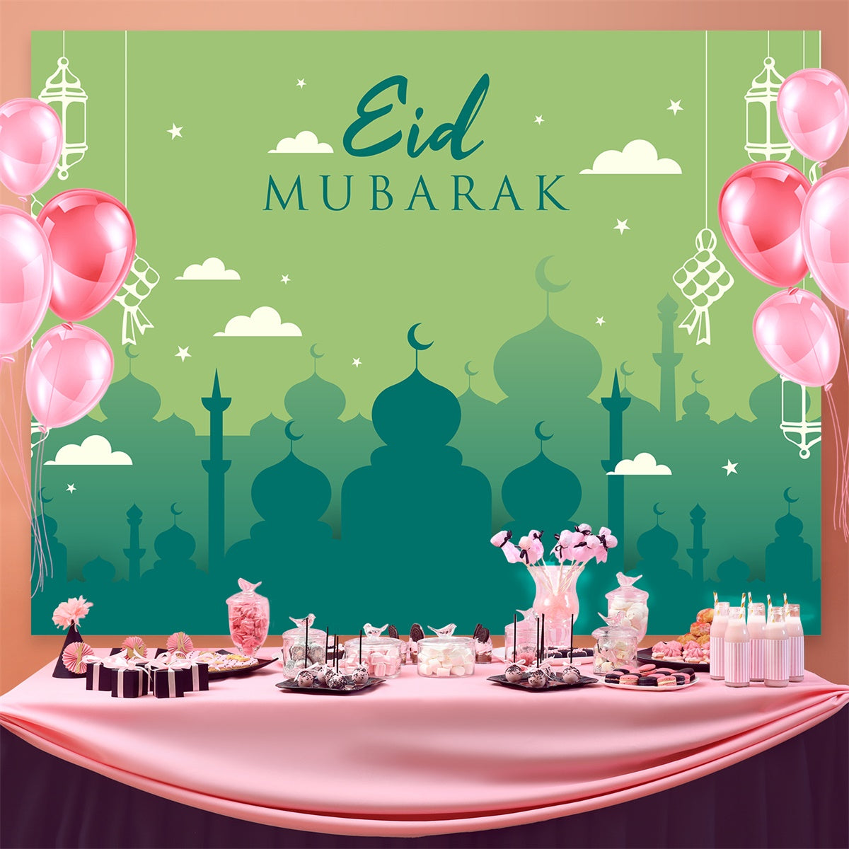 Eid Mubarak Backdrop Grüne Moschee Silhouette Eid Backdrop GQ3-63