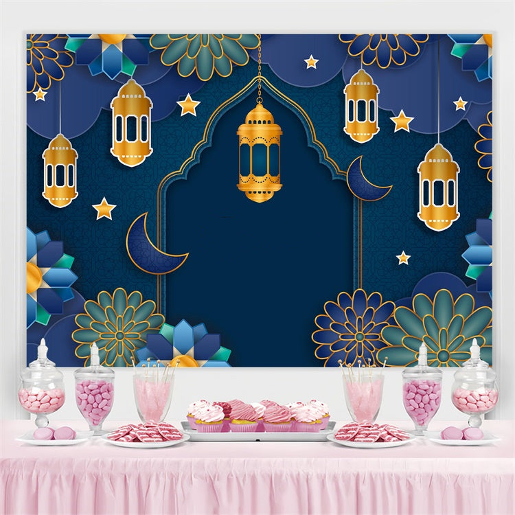 Eid Mubarak Backdrop Floral Mandala Blau Festliche Kulisse GQ3-71