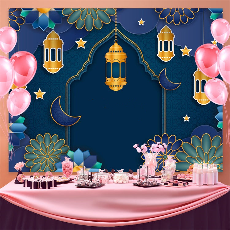 Eid Mubarak Backdrop Floral Mandala Blau Festliche Kulisse GQ3-71