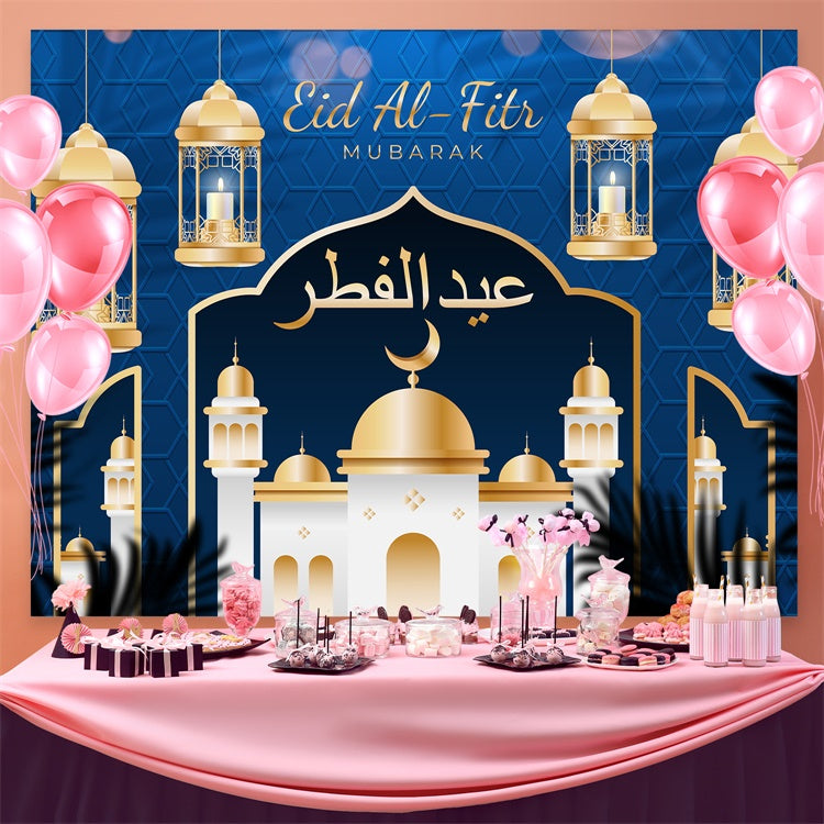 Eid Mubarak Backdrop Elegante Hängelaternen Blau Backdrop GQ3-78