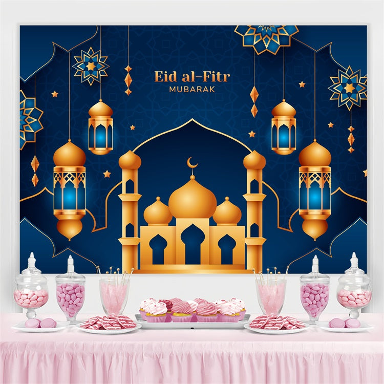 Eid Mubarak Backdrop Verschnörkelte Gold Minarette Eid Blau Backdrop GQ3-80