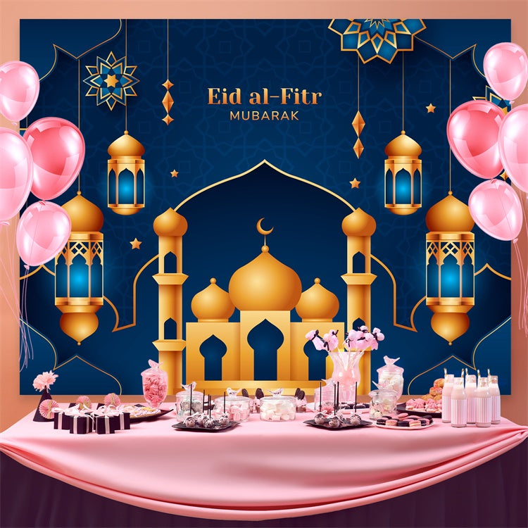 Eid Mubarak Backdrop Verschnörkelte Gold Minarette Eid Blau Backdrop GQ3-80