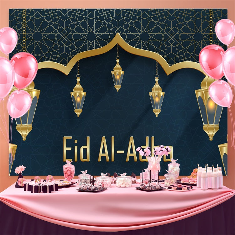 Eid Mubarak Backdrop Elegante Blaue Verzierte Laternen Backdrop GQ3-86