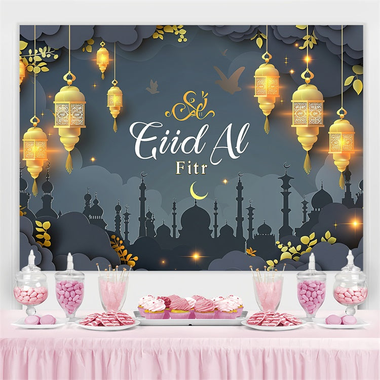 Eid Mubarak Backdrop Verträumt Goldene Lichter Elegant Grau Backdrop GQ3-91