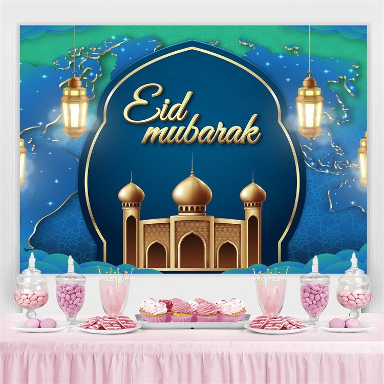 Eid Mubarak Hintergrundkulisse Goldene Laternen Blauer Bogen Hintergrundkulisse GQ3-96