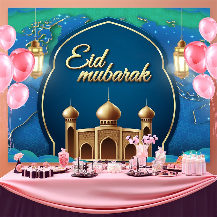 Eid Mubarak Hintergrundkulisse Goldene Laternen Blauer Bogen Hintergrundkulisse GQ3-96