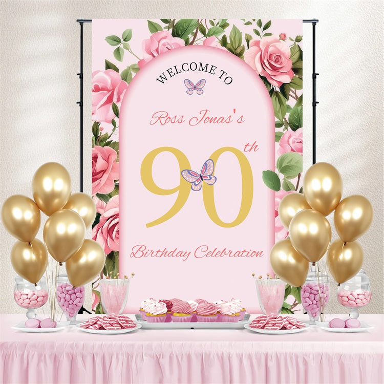 Benutzerdefinierte Geburtstag Backdrop Rosa Blumen 90th Backdrop GQ4-17