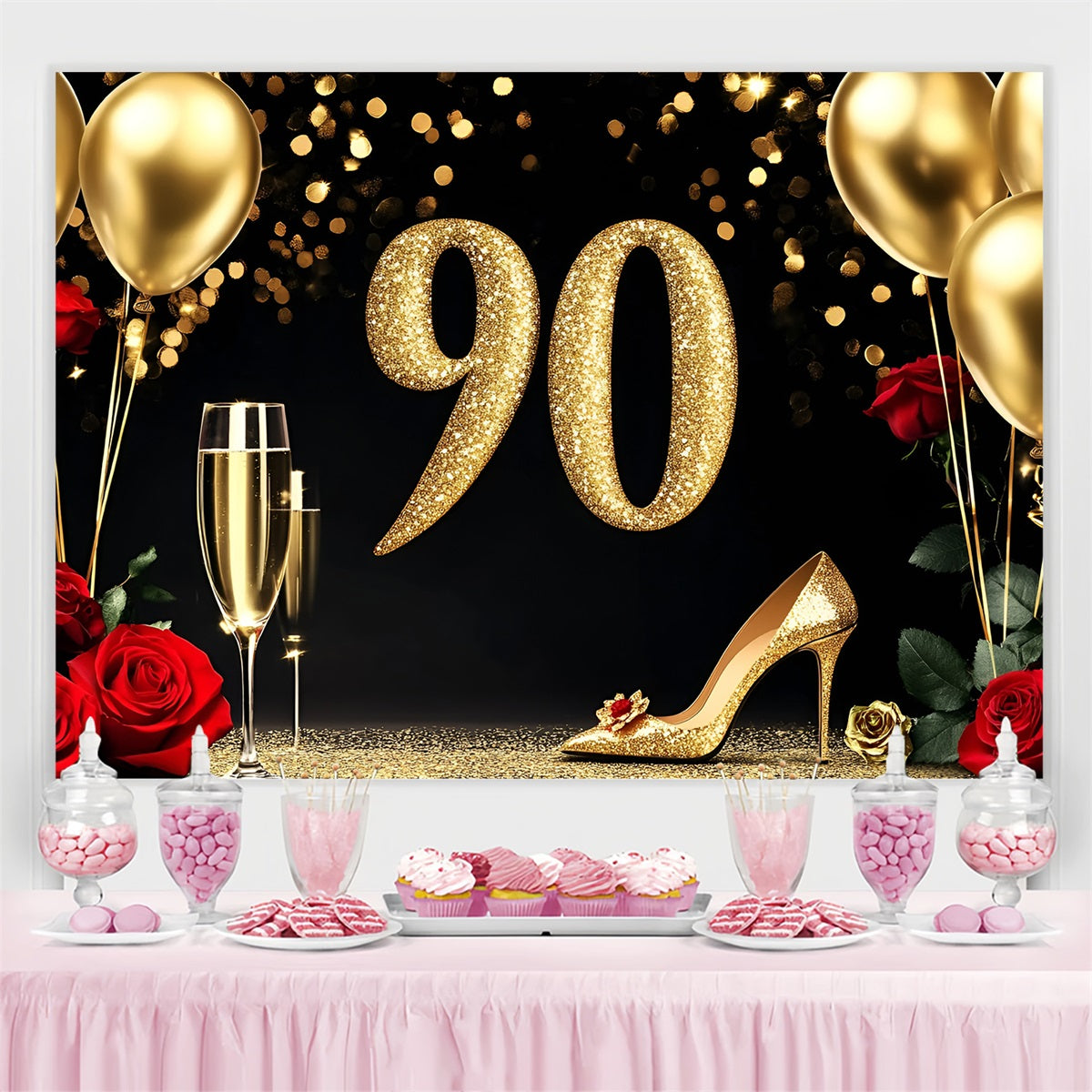 Geburtstag Backdrops 90. Champagner Rose Personalisierte Backdrop GQ4-217