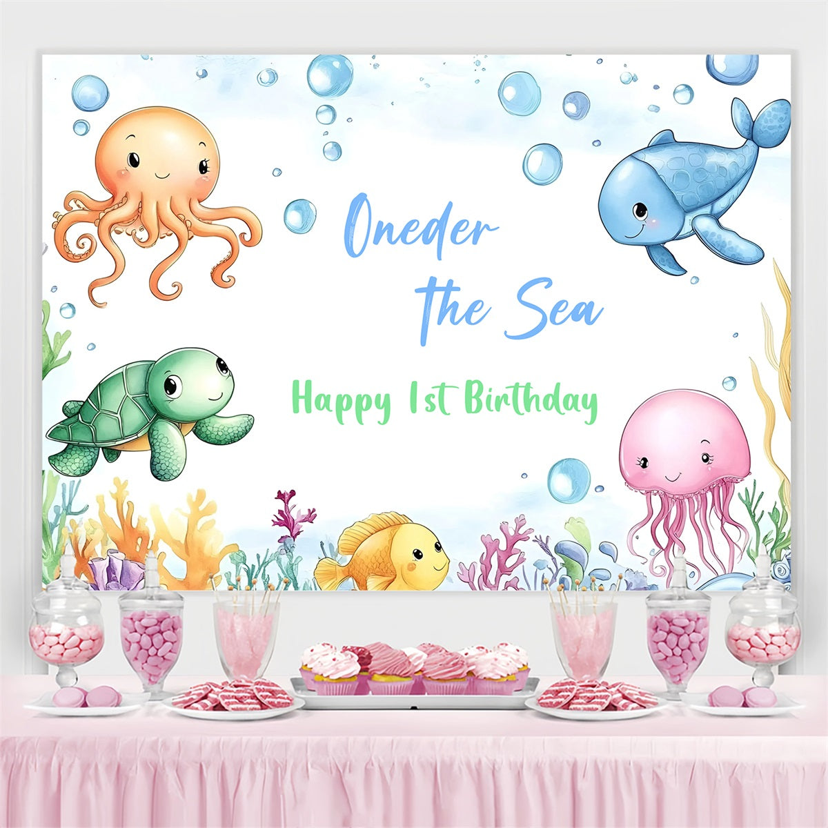 1. Geburtstag Backdrop Cartoon Meerestiere Personalisierte Backdrop GQ4-220