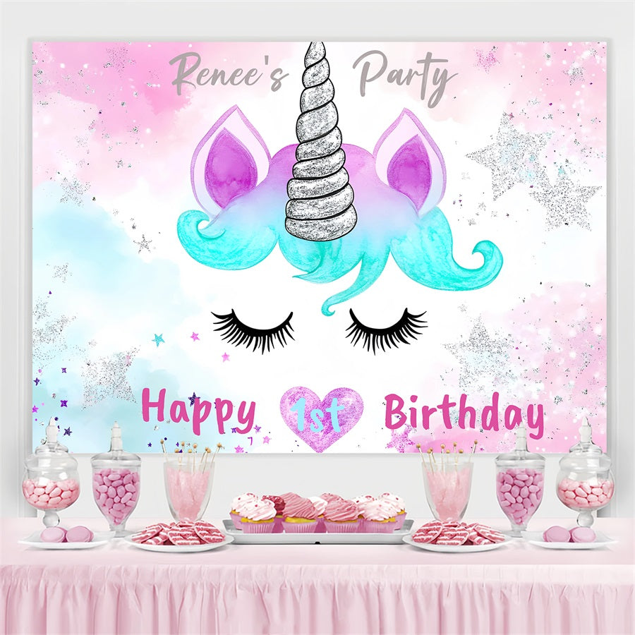 Personalisierte 1st Birthday Backdrop Sparkly Einhorn Gesicht Hintergrund GQ4-228