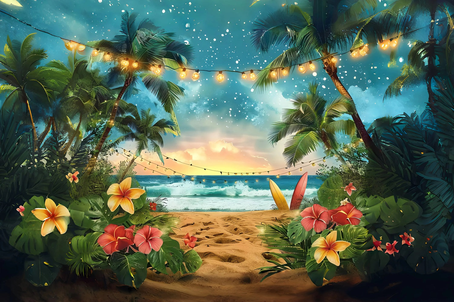 Sommerhintergrund Tropischer Sonnenuntergang Surfbrett Lichterhintergrund GQ4-248