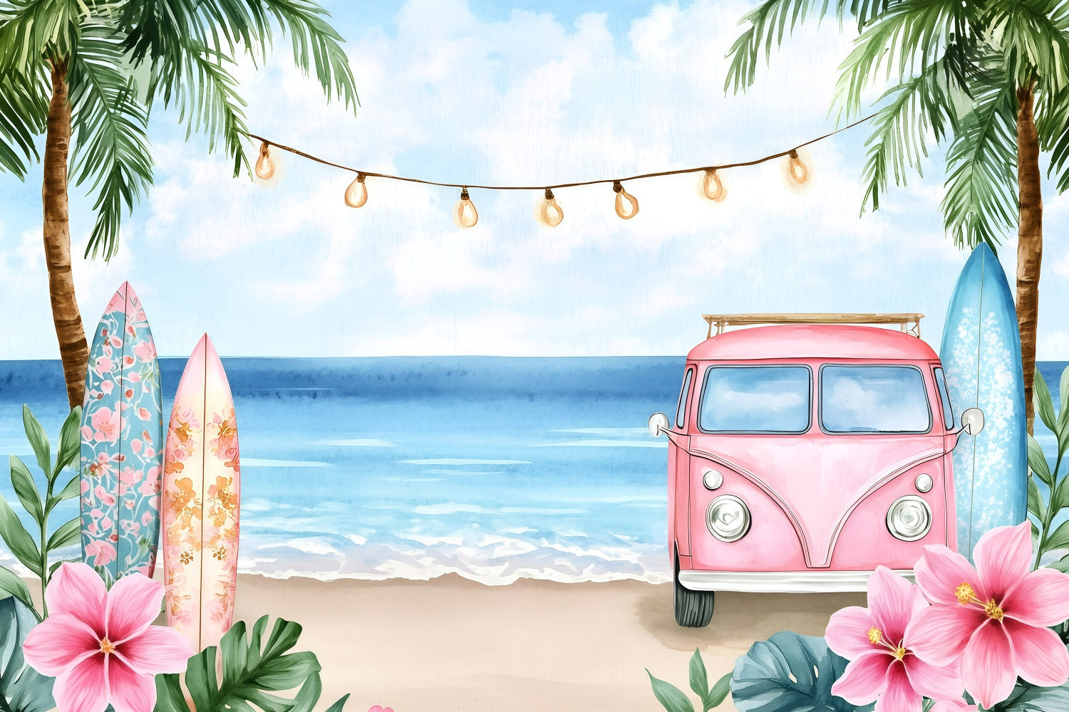Sommer-Hintergrund Strand Floral Surf Truck Hintergrund GQ4-258