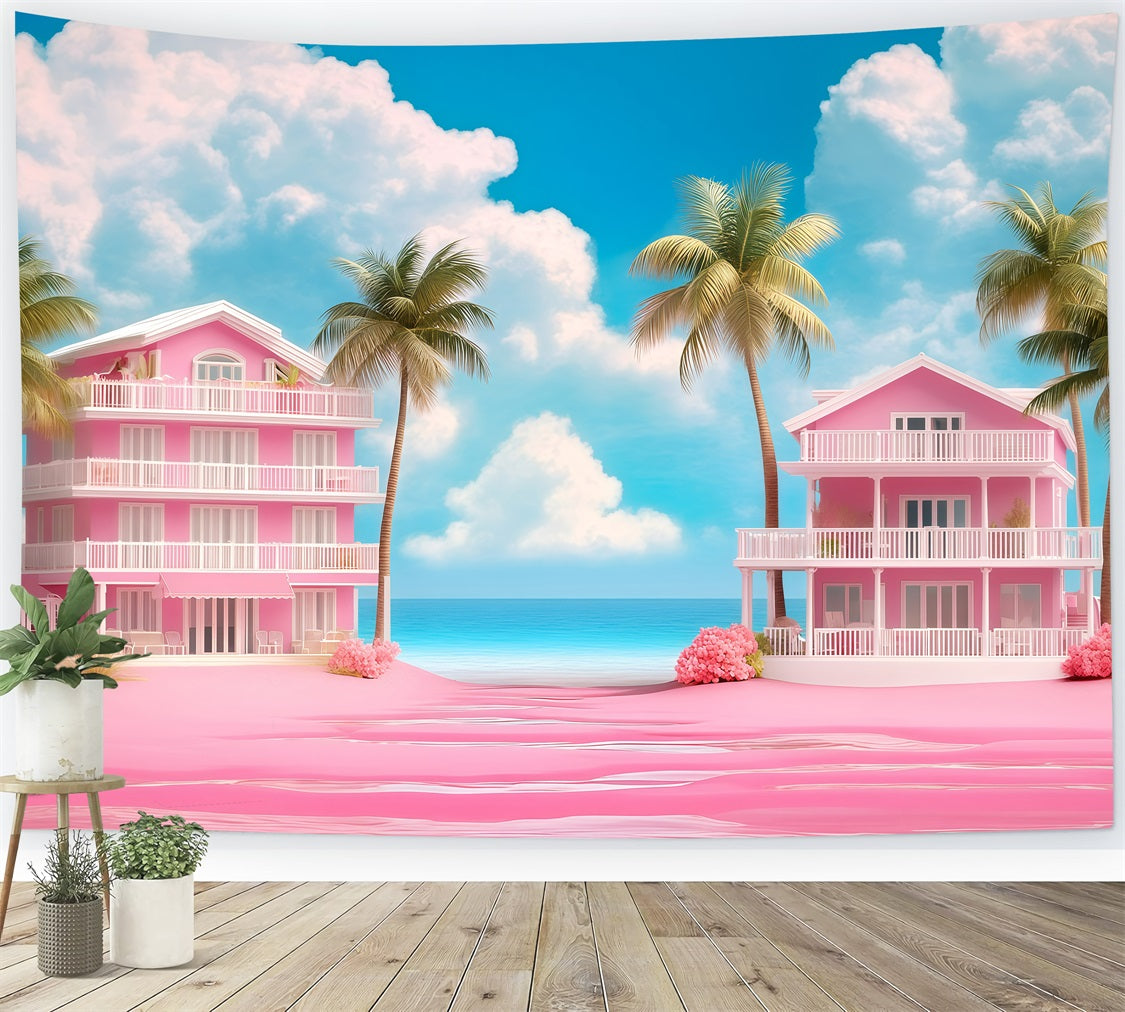 Sommer-Hintergrund Rosa Strand Villen Palmen Hintergrund GQ4-273