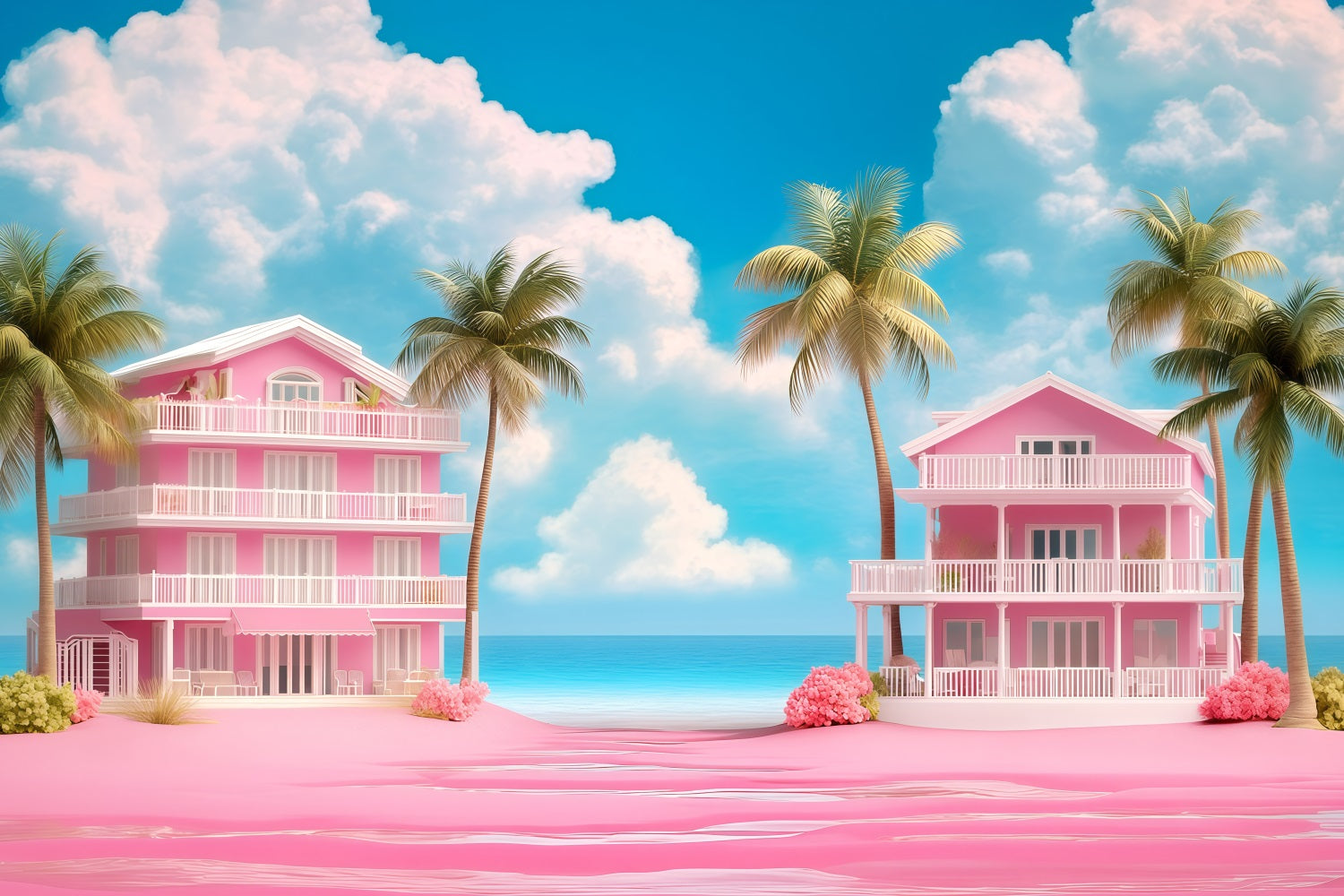 Sommer-Hintergrund Rosa Strand Villen Palmen Hintergrund GQ4-273