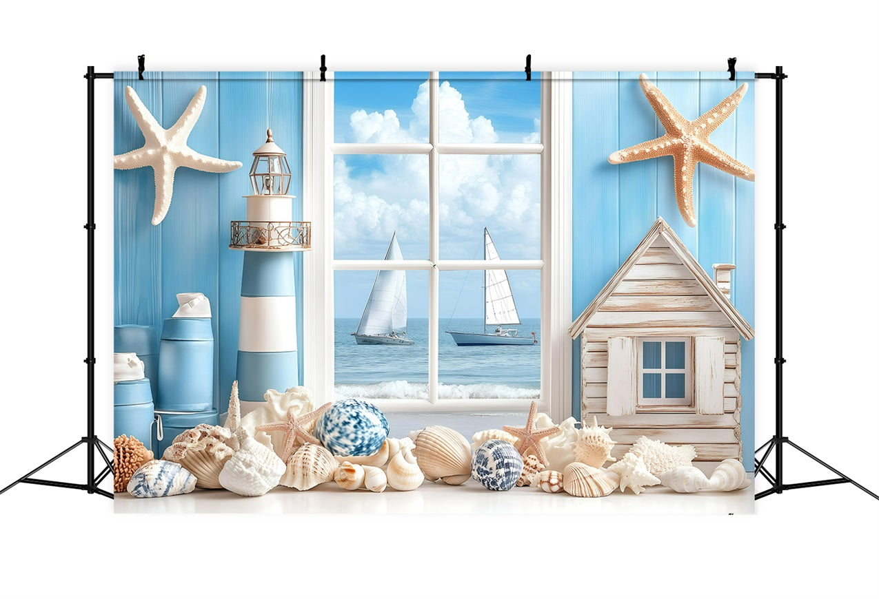 Backdrop Strand Küste Fenster Segelboot Sommer Hintergrund GQ4-279