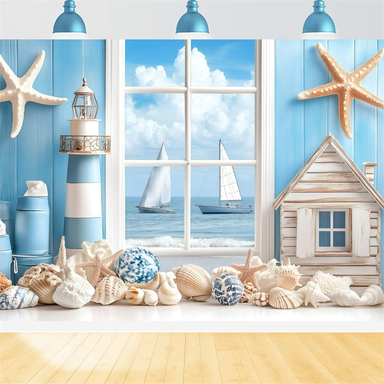 Backdrop Strand Küste Fenster Segelboot Sommer Hintergrund GQ4-279