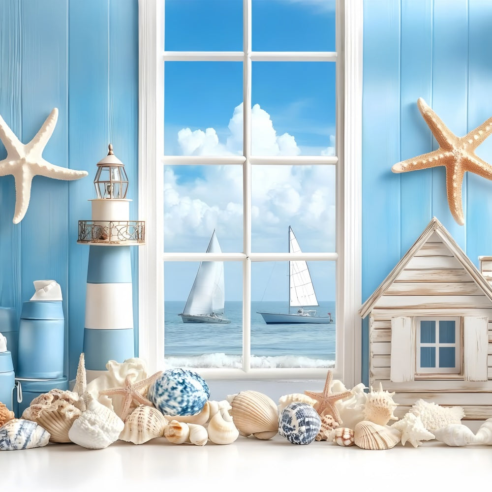 Backdrop Strand Küste Fenster Segelboot Sommer Hintergrund GQ4-279