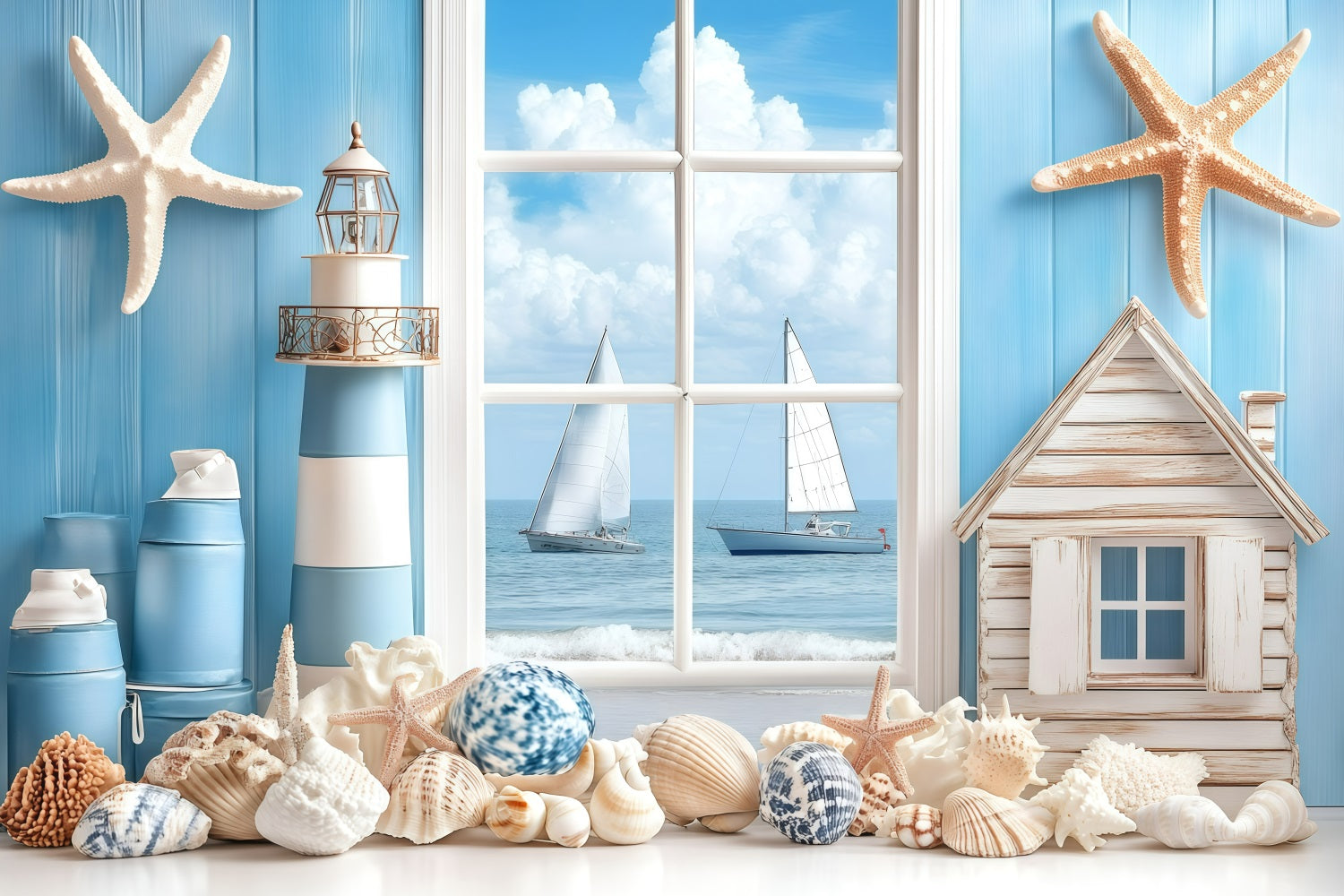 Backdrop Strand Küste Fenster Segelboot Sommer Hintergrund GQ4-279