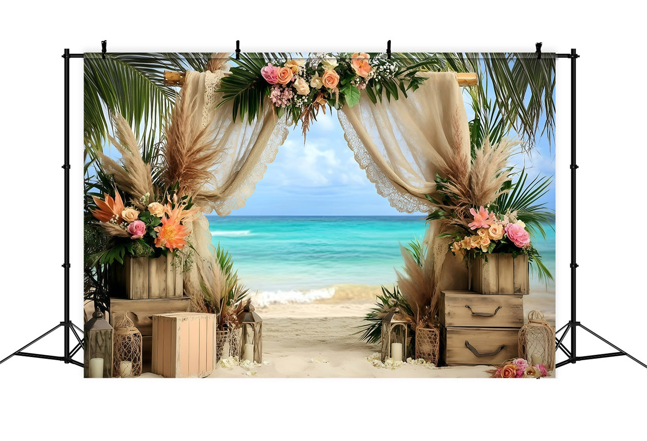 Strand Hochzeit Hintergrund Floral Arch Bohemian Sommer Hintergrund GQ4-291