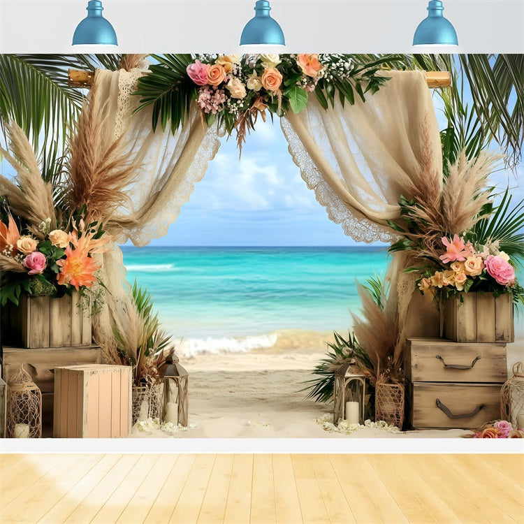 Strand Hochzeit Hintergrund Floral Arch Bohemian Sommer Hintergrund GQ4-291