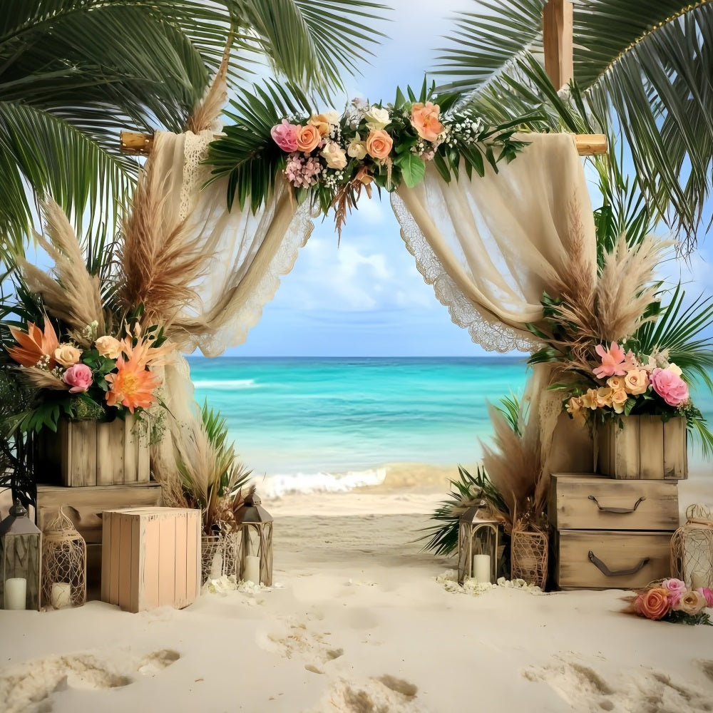 Strand Hochzeit Hintergrund Floral Arch Bohemian Sommer Hintergrund GQ4-291