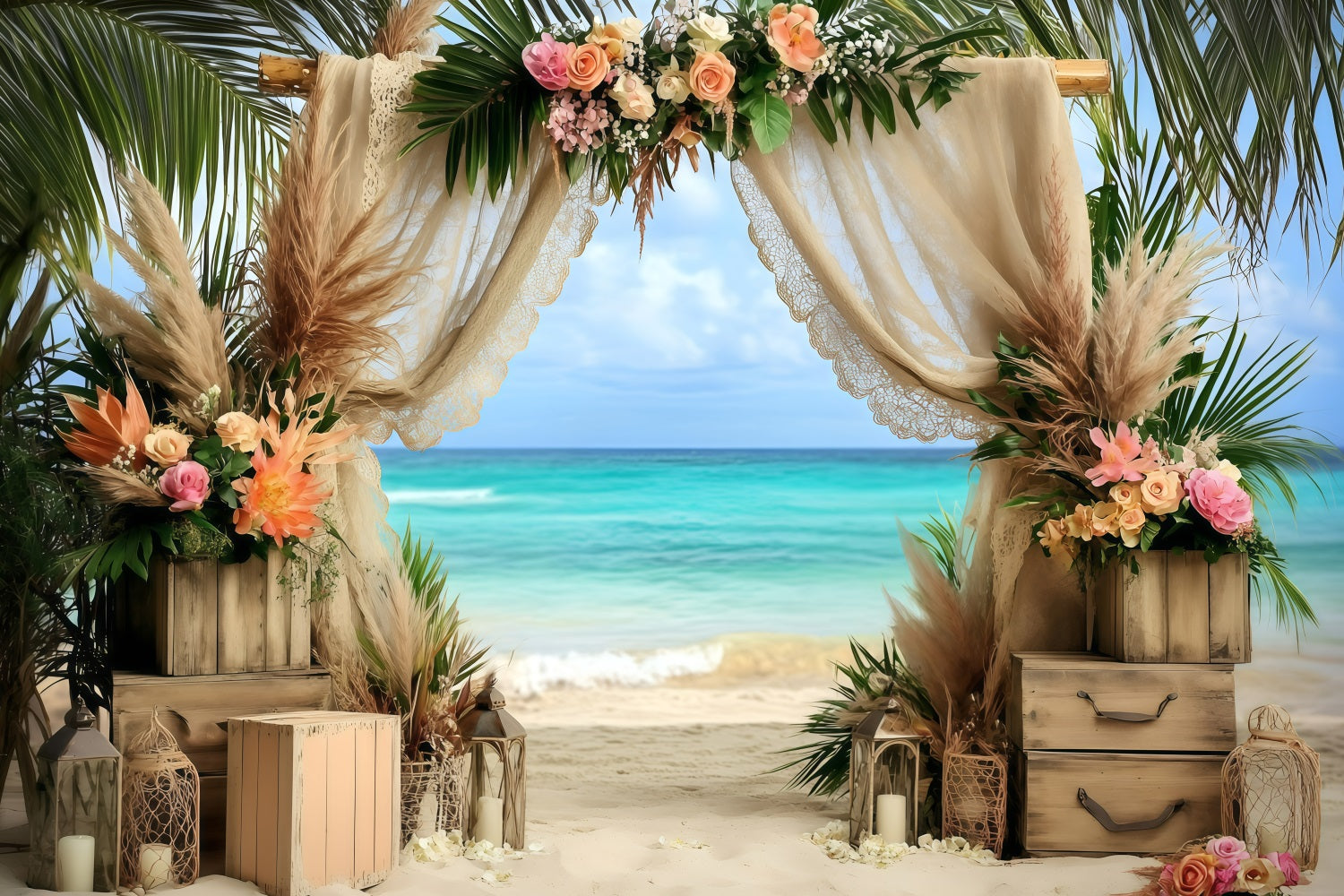 Strand Hochzeit Hintergrund Floral Arch Bohemian Sommer Hintergrund GQ4-291